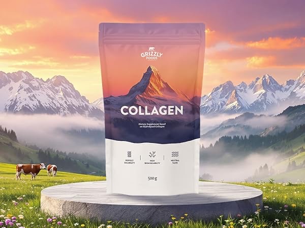 Colagénio Grizzly Foods 500g em cenário de montanha