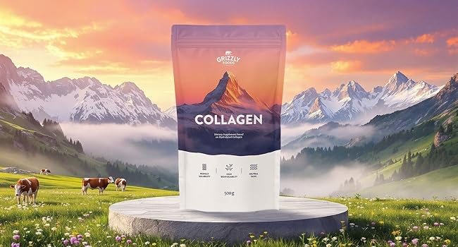 Colagénio Grizzly Foods 500g com paisagem de montanha