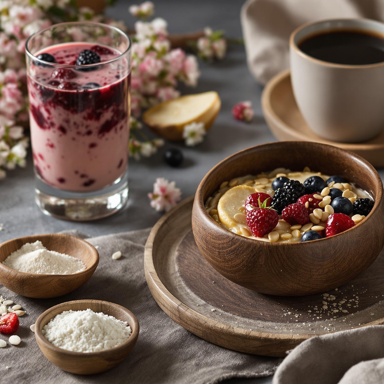 Colagénio em pó numa rotina de pequeno-almoço com café e smoothie