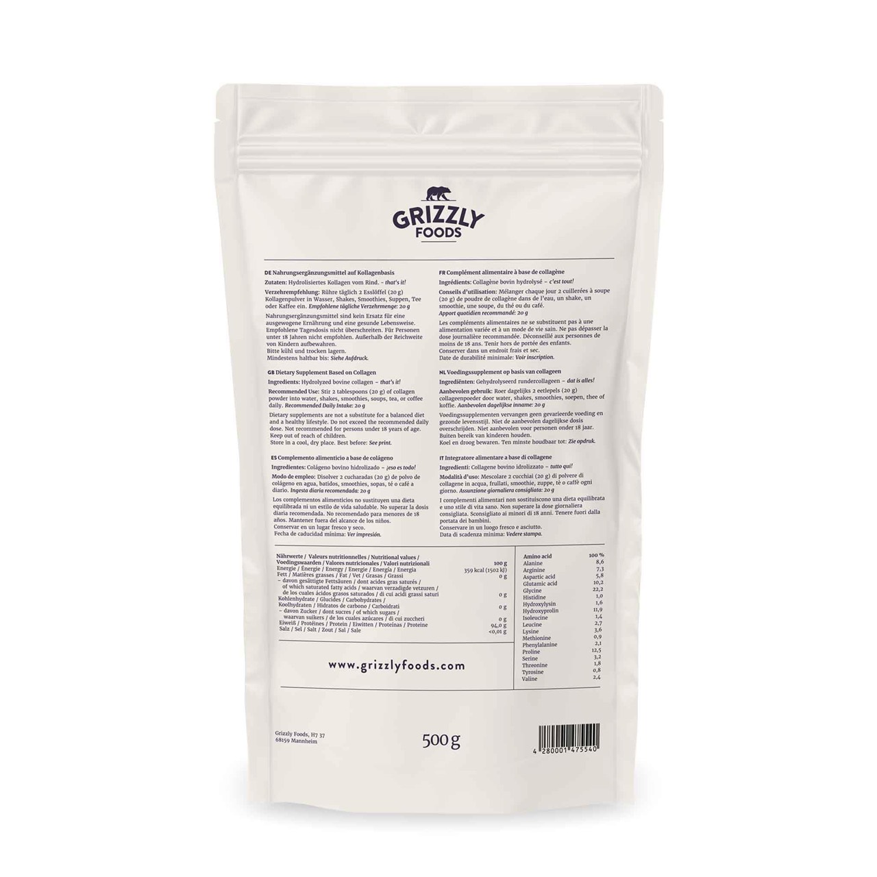 Rótulo traseiro do colagénio hidrolisado Grizzly Foods 500g