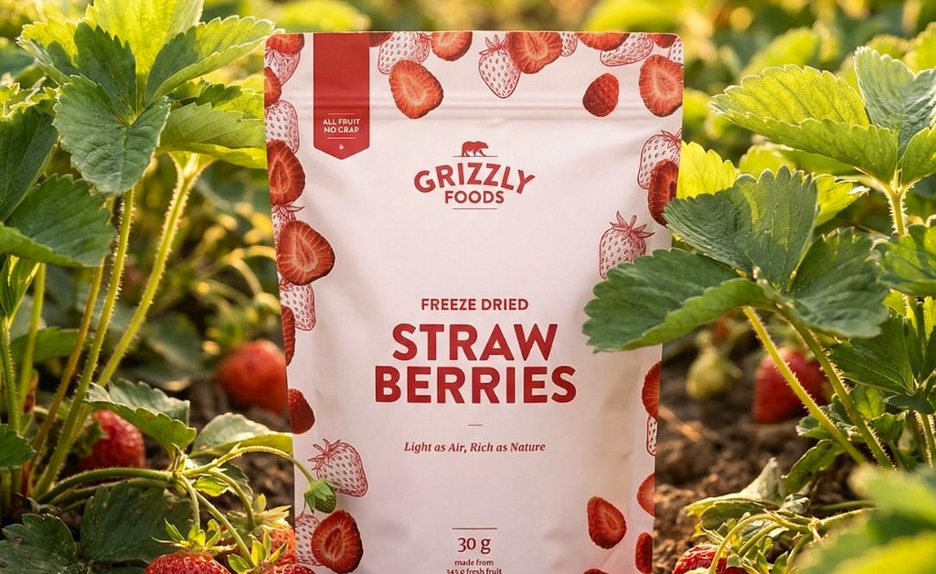 Embalagem de morangos liofilizados Grizzly Foods entre morangueiros