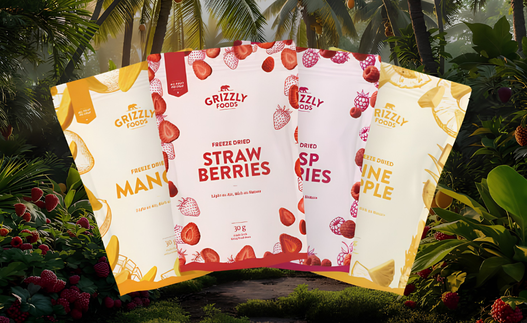 Kit Pack Fruta Real Grizzly Foods com morango, manga, framboesa e ananás liofilizados