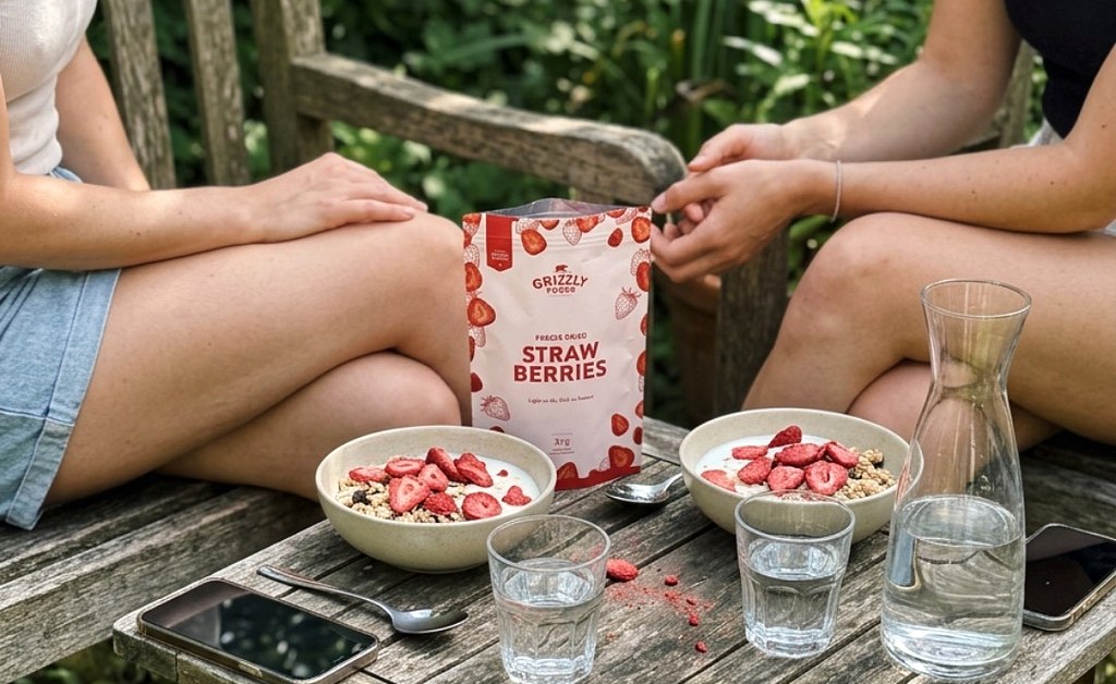 Fruta liofilizada Grizzly Foods partilhada à mesa como snack simples