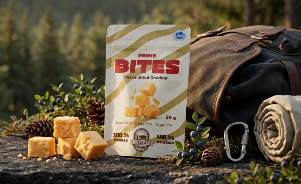Prime Bites cheddar liofilizado como snack ou aperitivo