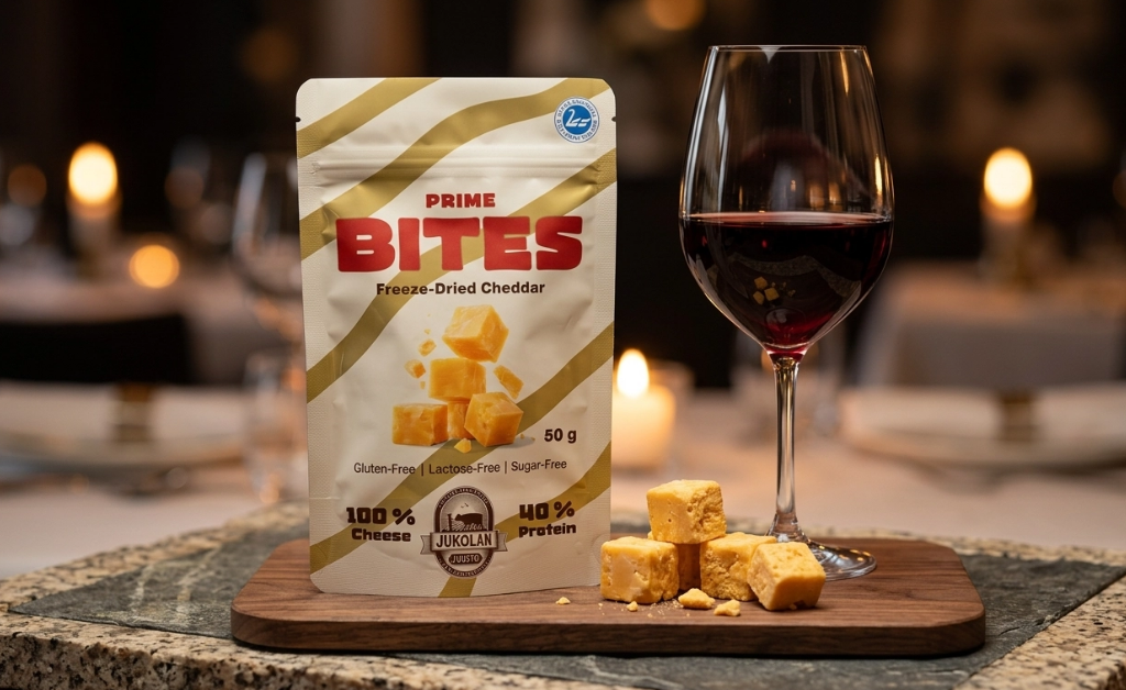 Prime Bites cheddar liofilizado para levar sem refrigeração