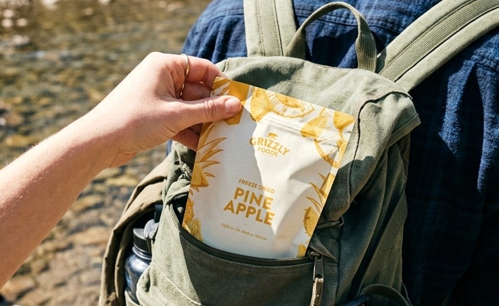 Embalagem de fruta liofilizada Grizzly Foods numa mochila para levar em viagem