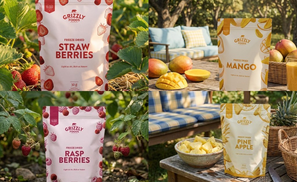 Quatro sabores de fruta liofilizada Grizzly Foods: morango, manga, framboesa e ananás