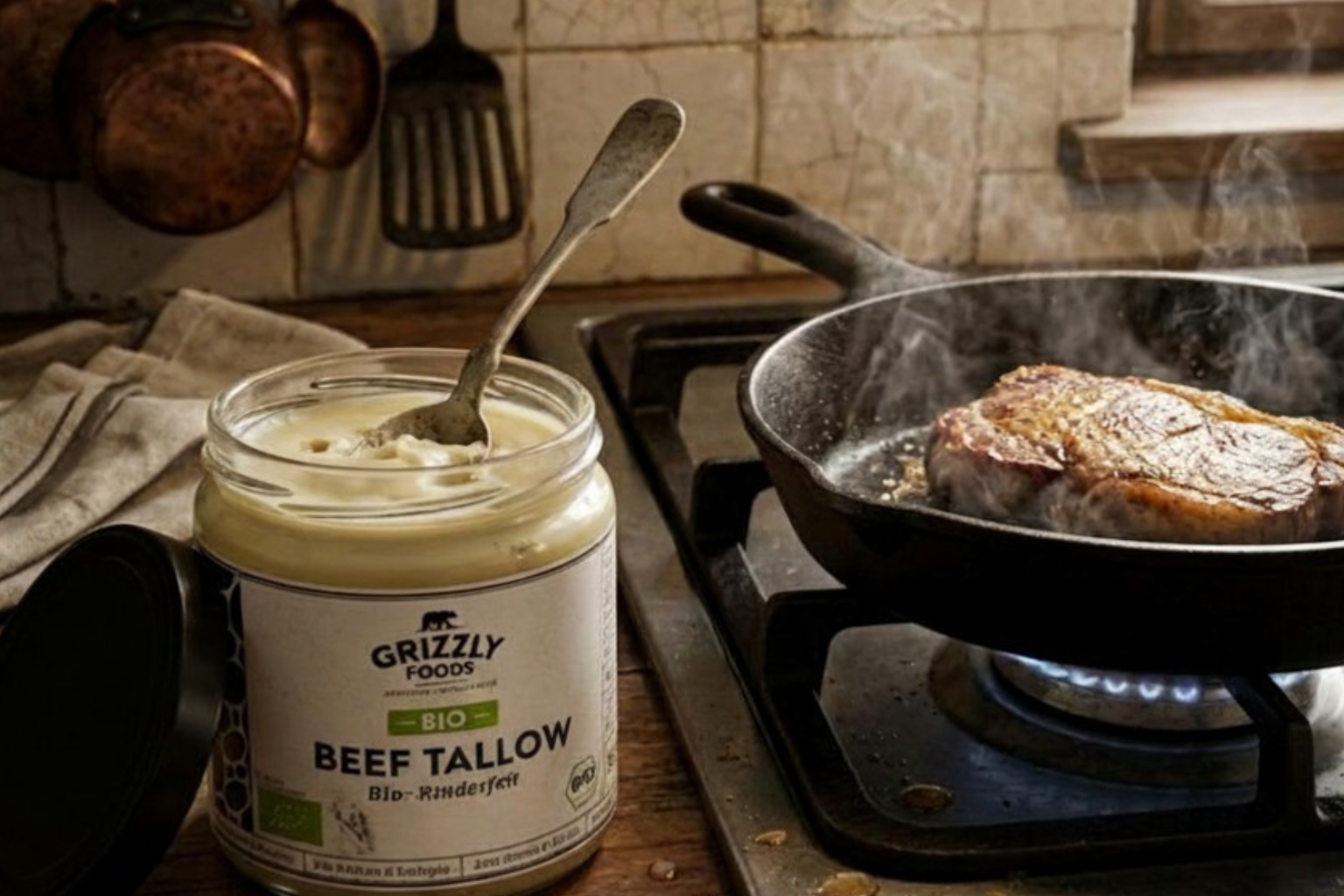 Sebo bovino BIO Grizzly Foods usado para cozinhar carne na frigideira