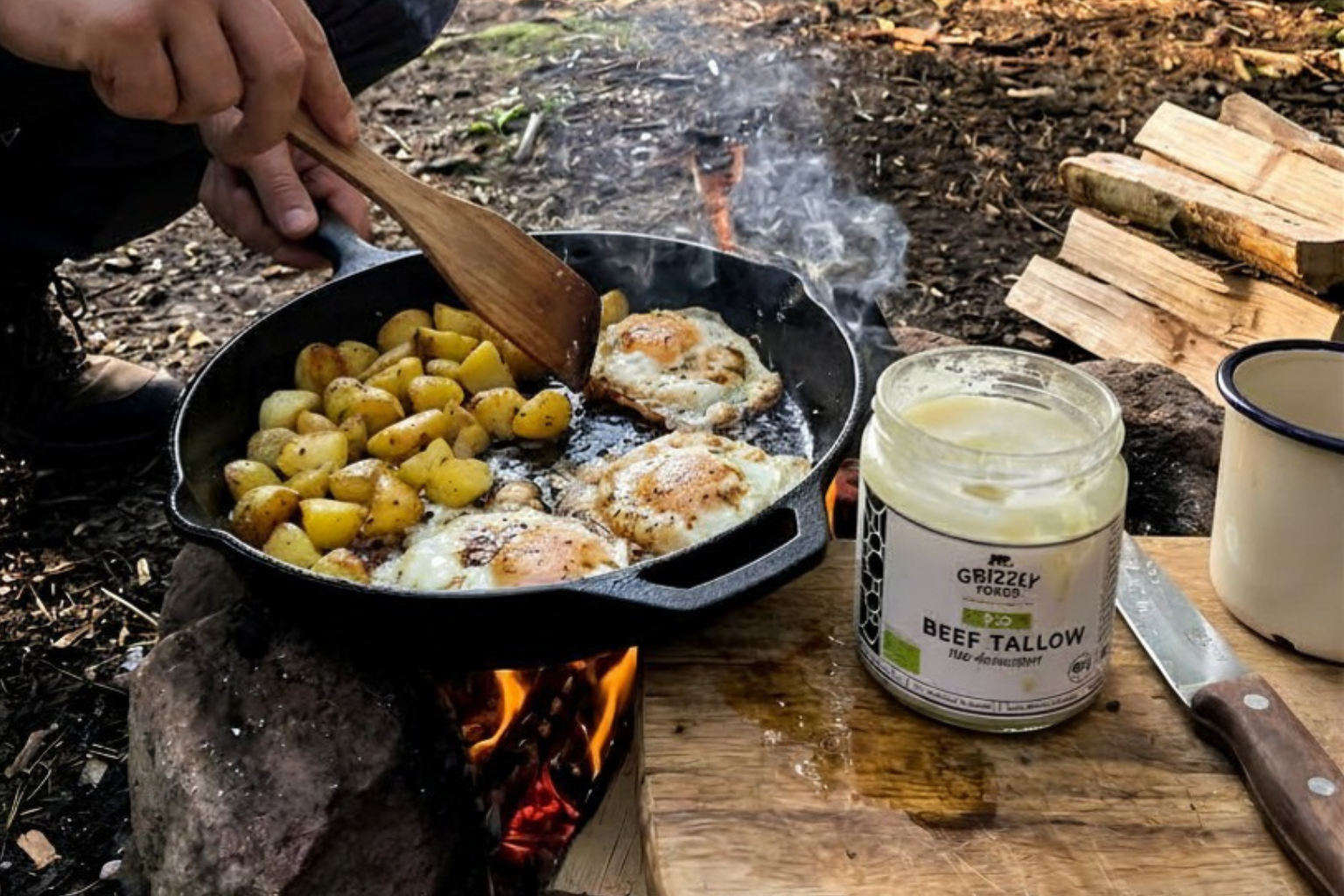 Sebo bovino BIO em cozinha exterior com ovos e batatas